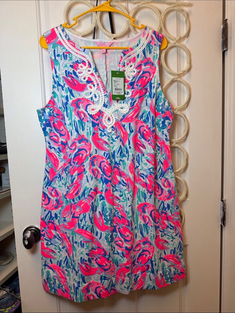 LILLY PULITZER Sleeveless Cosmic Coral Harper Shift Dress Cracked Up White Trim